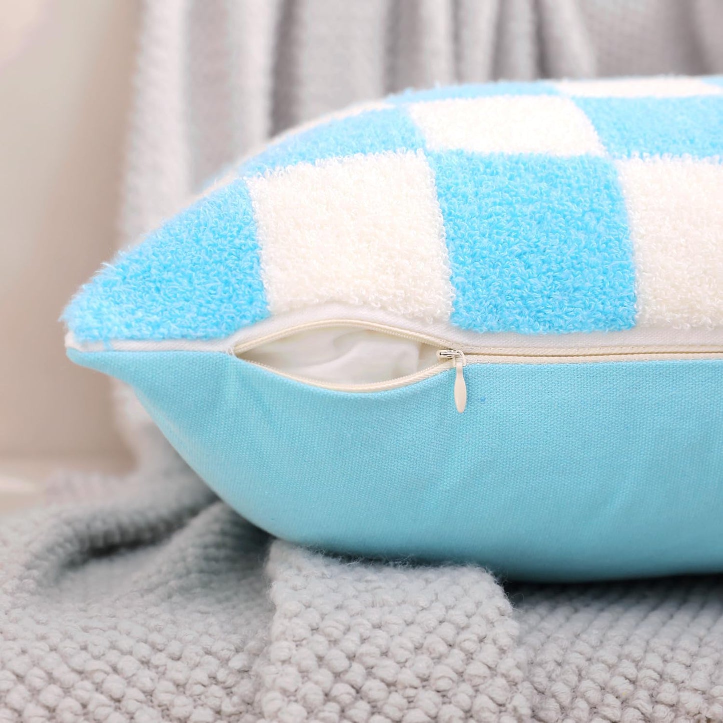 Alysheer Checkered Embroidered Decorative Throw Pillow Covers 18"x 18" Set of 2, Classic Accent Designer Blue White Plaid Patterned Cotton Cushion Cases for Sofa Couch Bed Living Room Outdoor Decor