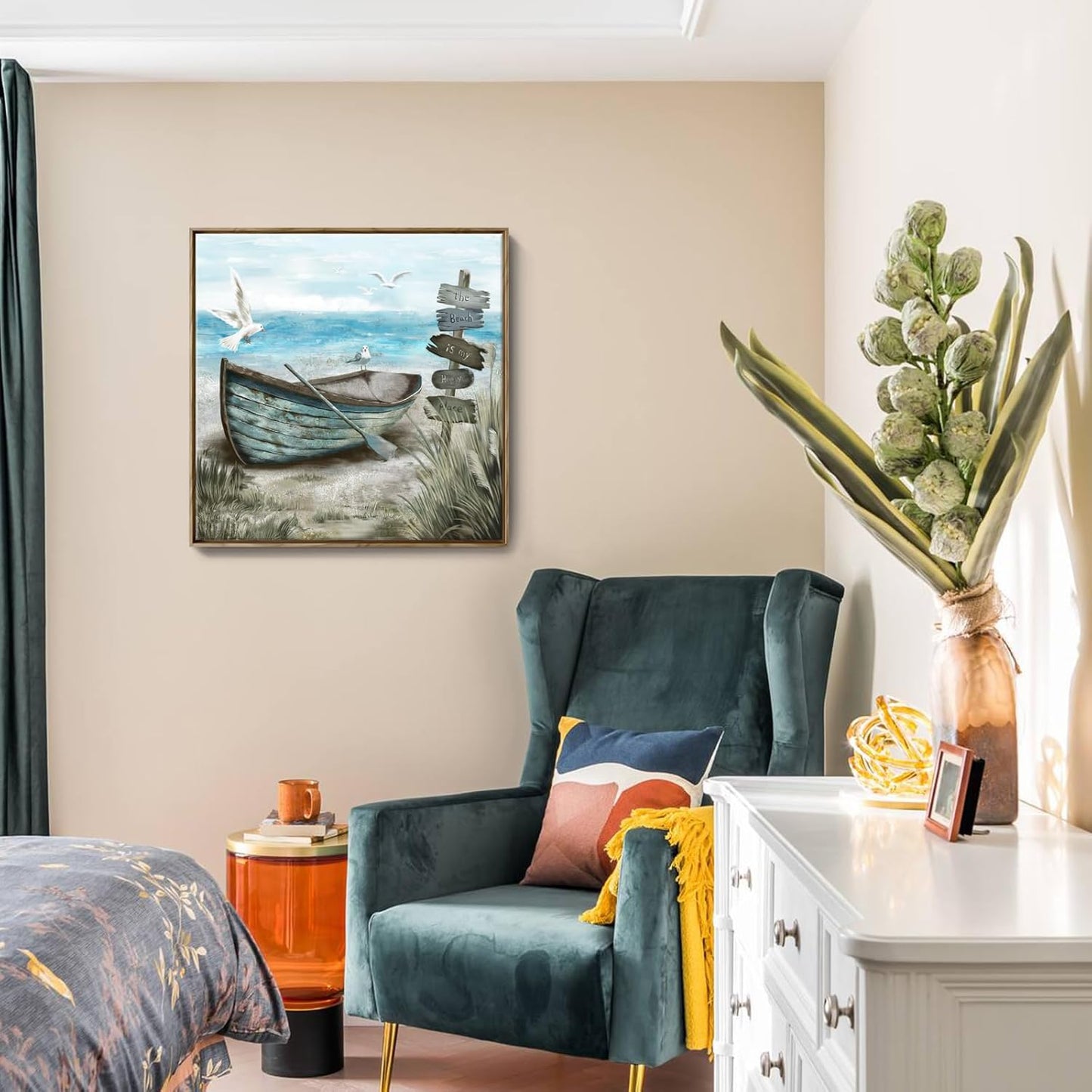 Framed Wall Art Bedroom Nautical Decor Boat Canvas Picture Rustic Coastal Sand Canvas Print Ocean Beach Painting Seascape Sea Bird Vintage Ship Artwork for Seaside Home Living Room Office Bathroom