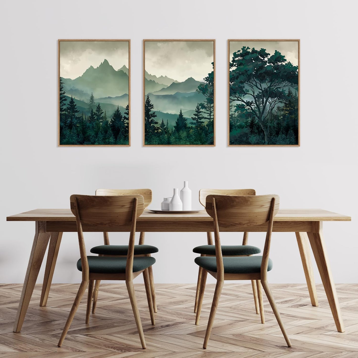 HLNIUC Green Foggy Forest Framed Canvas Wall Art Set,Watercolor Boho Pine Tree Wall Decor,Modern Misty Mountain Scenery Art Print,Nature Landscape Wall Painting for Living Room,Bedroom - 16”x24”x3
