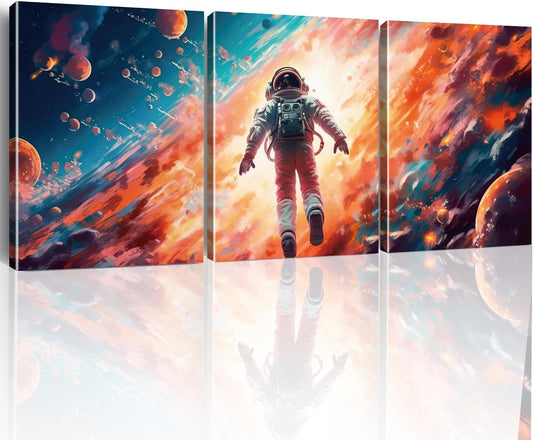 Galaxy Canvas Prints & Posters - 3 Panel Framed Astronaut Artwork for Boys Bedroom & Home Decor