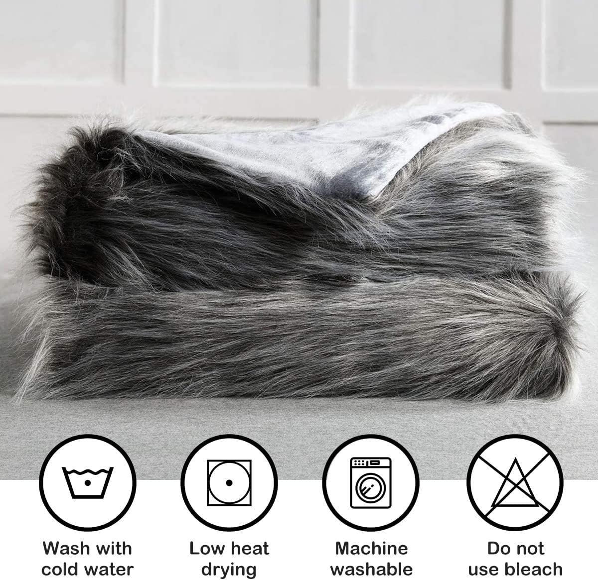Luxury Faux Fur Blanket Queen Size, Ultra Big Grey and Black High Pile Mixed Faux Fur Throw, Oversized Super Warm, Fuzzy, Elegant, Fluffy Decoration Throw Blanket for Sofa, Couch and Bed, 90''x 90"