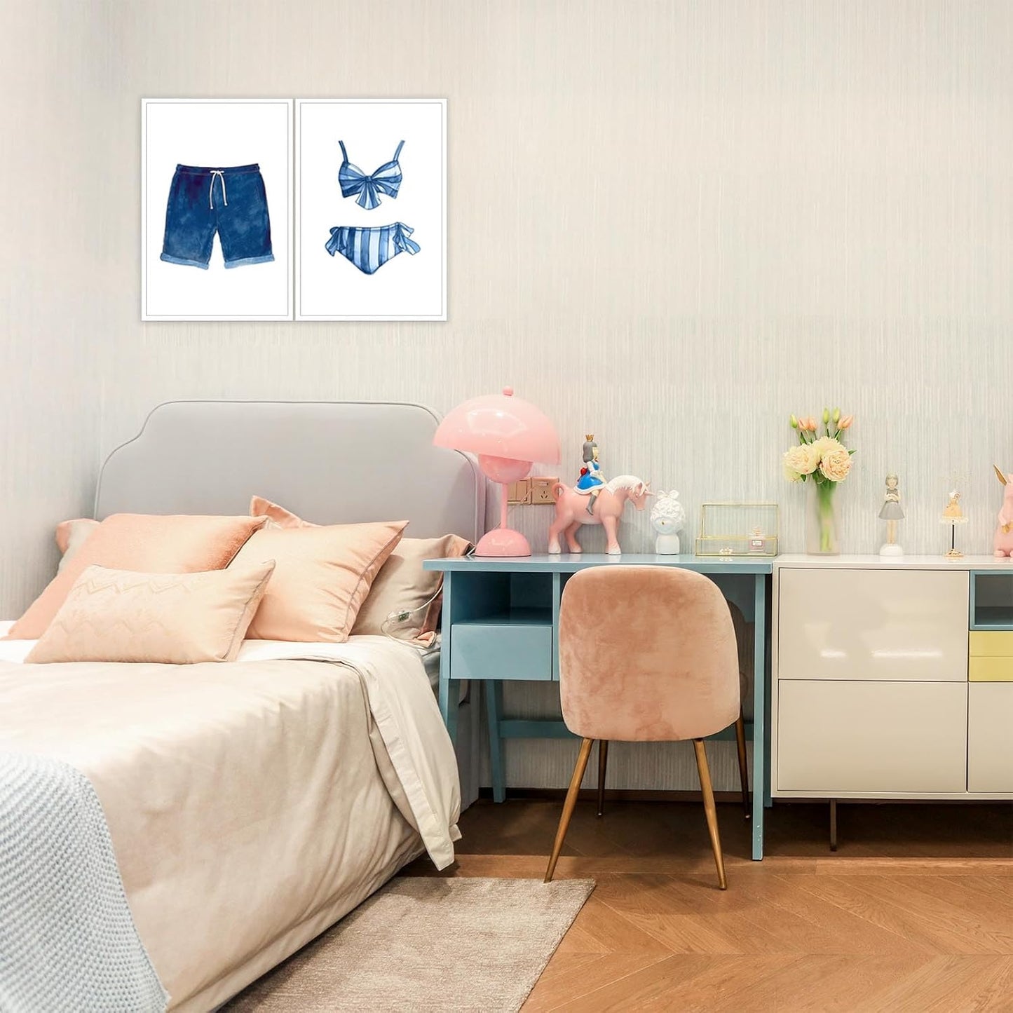 Liyark Set of 2 Retro Navy Blue And White Swimsuit Art Posters Beach Bathing Suit Prints Painting Beach House Wall Art Coastal Wall Decor Pictures For Bathroom Home Decoration 12x16in Unframed