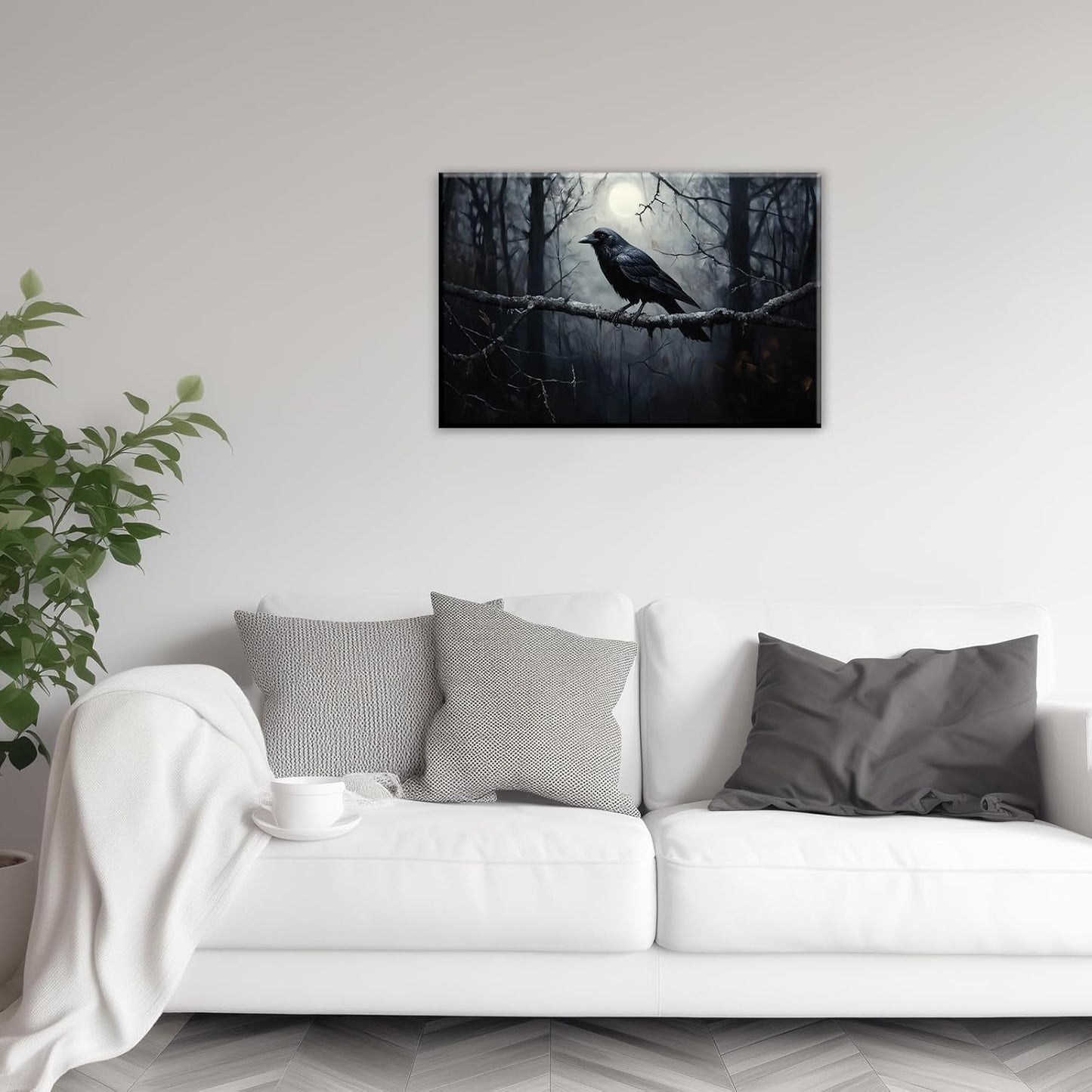 OAAPITI Crow Canvas Wall Art Black Crow Stand On The Branch Picture Print Moonlit Night Poster Vintage Forest Landscape Painting Artwork Living Room Halloween Decor(Artwork-1,20"x30")