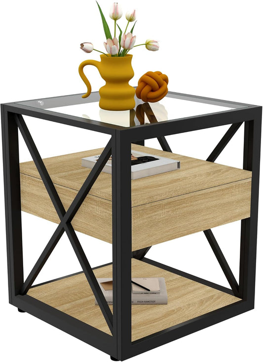Farmhouse End Table, Modern Side Table with Drawer&3-Tier Storage Shelf, Square Rustic Nightstand, Accent Tea Table, for Bedroom Office Living Room, Brown, Natural Wood, Glass, Metal