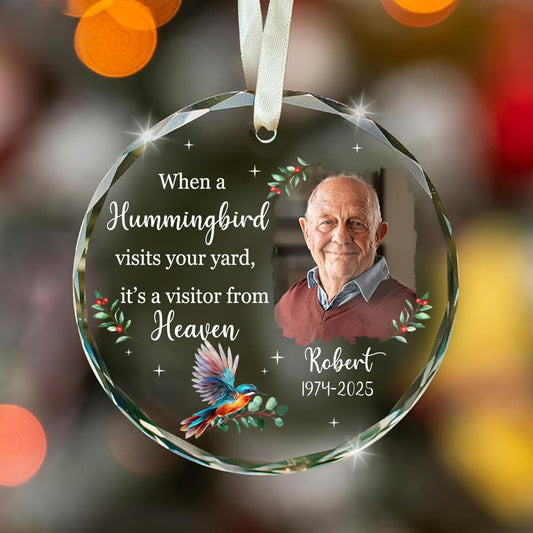 Personalized Memorial Hummingbird Glass Ornament – in Loving Memory of Robert – Custom Name, Birth Year & Passing Year – “When a Hummingbird Visits Your Yard” Memorial Keepsake
