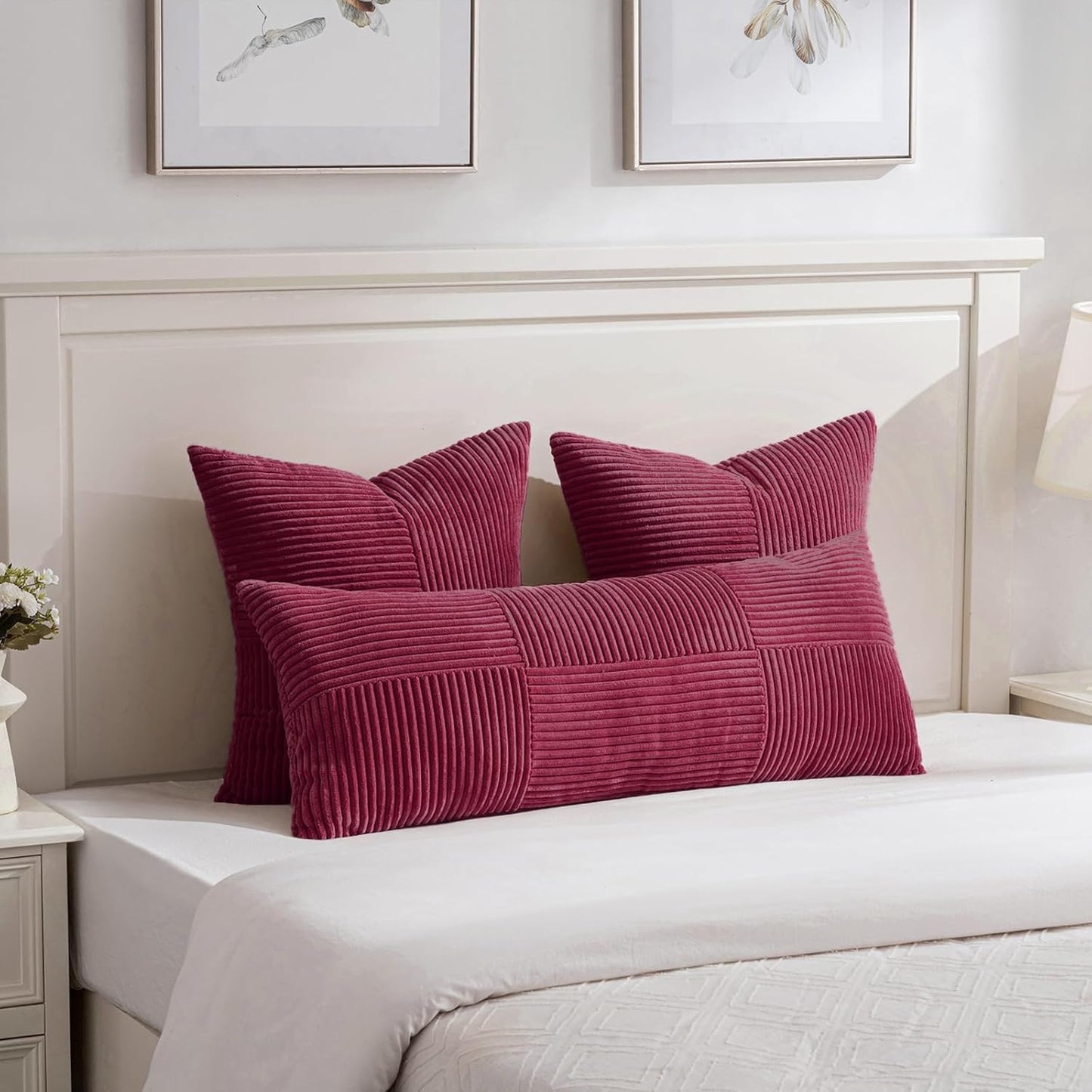 Fancy Homi 2 Packs Burgundy Lumbar Decorative Throw Pillow Covers 12x20 Inch for Living Room Couch Bed, Farmhouse Boho Home Decor, Soft Striped Corduroy Rectangle Accent Cushion Case 30x50 cm