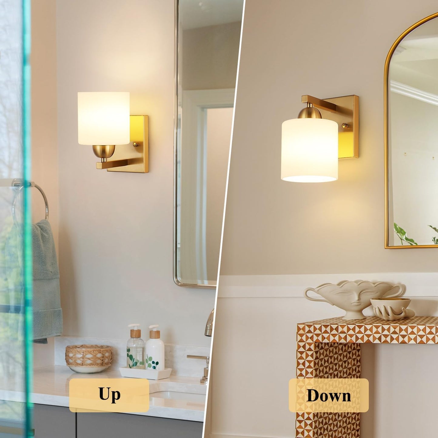 Gold Milk Glass Wall Sconces, 1 Pack Hardwired Indoor Wall Light Fixtures for Living Room, Hallway, Bedroom, Ceramic E26 Sockets (Bulbs Not Included)