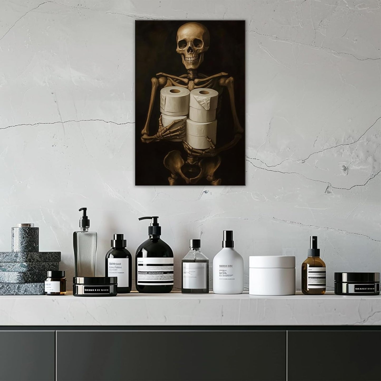 Gothic Skull Wall Art Funny Skeleton with Toilet Paper Canvas Print Vintage Skull Painting Framed Artwork for Living Room Home Halloween Wall Decor(Artwork-8,20"x30")