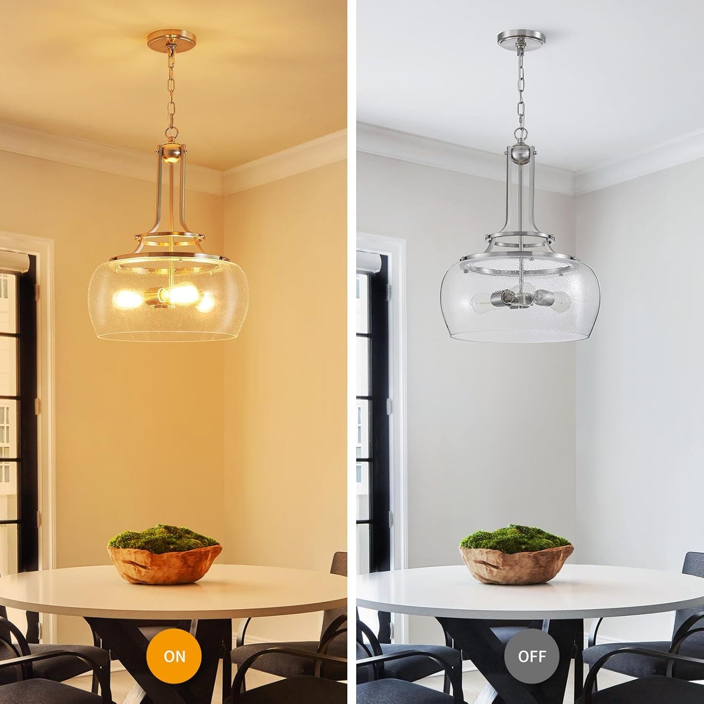 WUZUPS Chandelier Rustic Farmhouse Industrial Round Ceiling Pendant LED Light Fixture Clear Seeded Glass Shade for Dining Room Kitchen Island Foyer Entryway, H 20.9" x W 15.9", Brushed Nickel