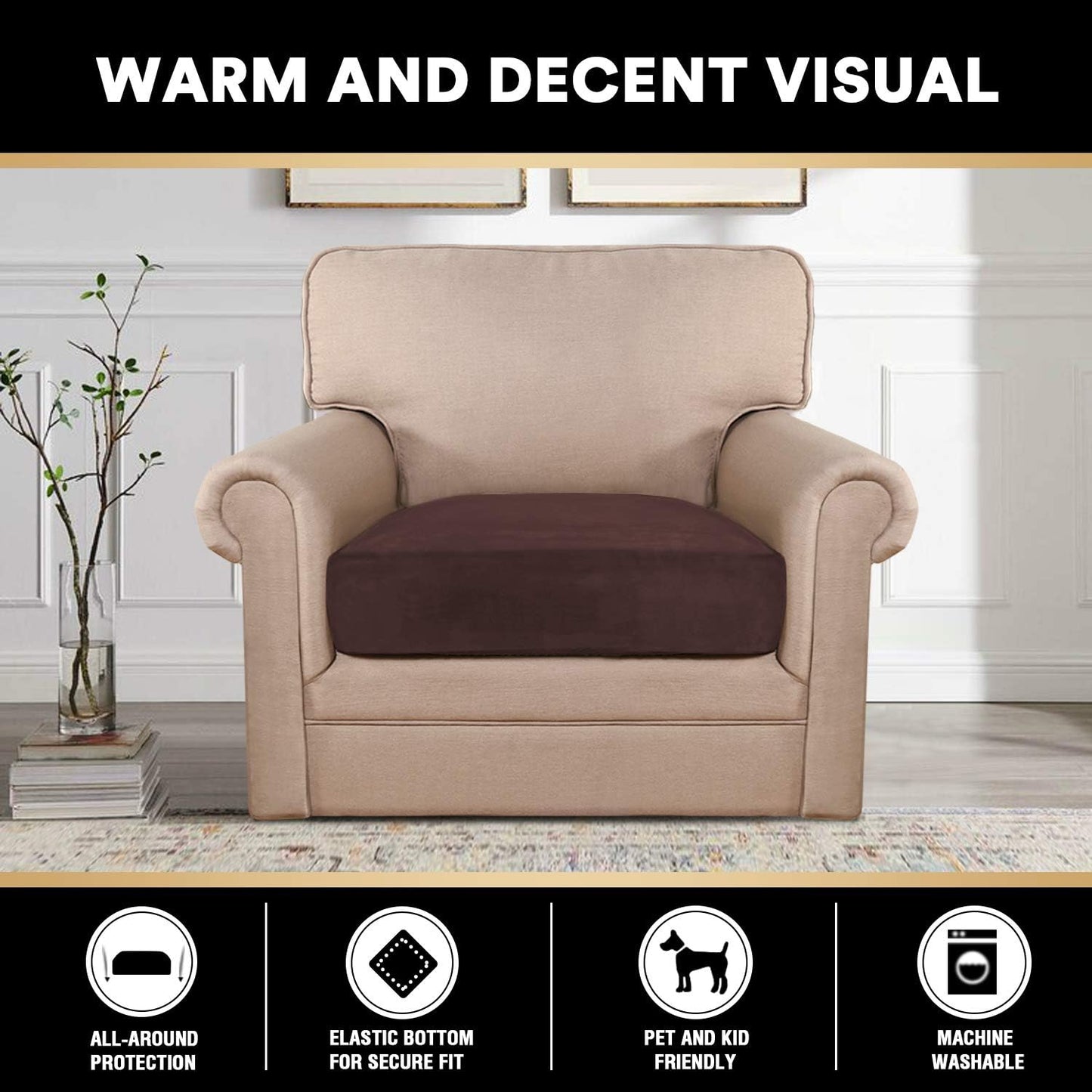 PrinceDeco Couch Cushion Cover Cushion Slipcover for Chair Sofa Cushion Furniture Protector Seat Cushion Sofa Cover for Dog Pet Kid with Elastic Straps Width Up to 29.5", Brown