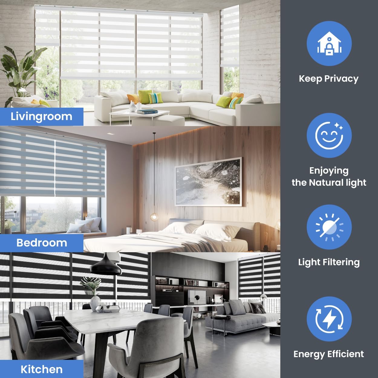 Foiresoft Standard Zebra Roller Blinds for Windows [W33 x H64 Inch, White, Basic], Light Filtering Dual Layer Shades for Bedroom, Living Room, Office, 13 Colors