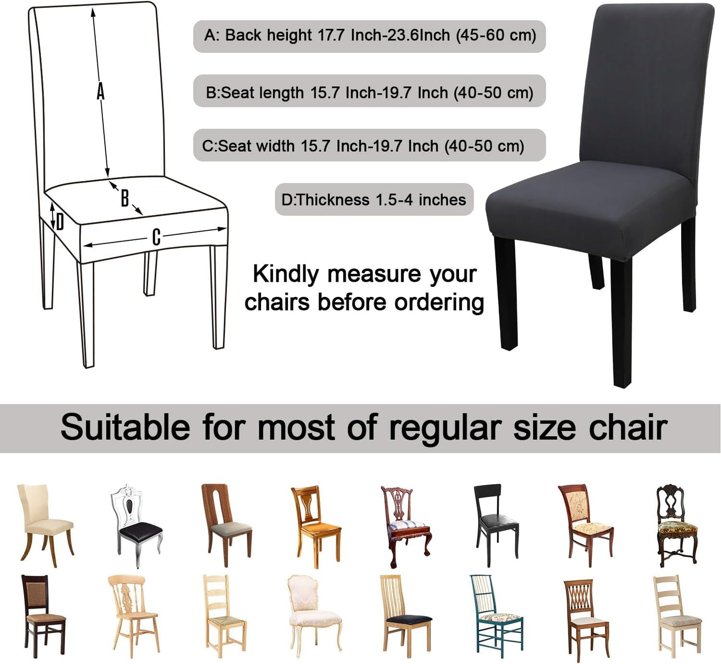 JQinHome 6 Pcs Dining Chair Slipcover,High Stretch Removable Washable Chair Seat Protector Cover for Home Party Hotel Wedding Ceremony (Grey)