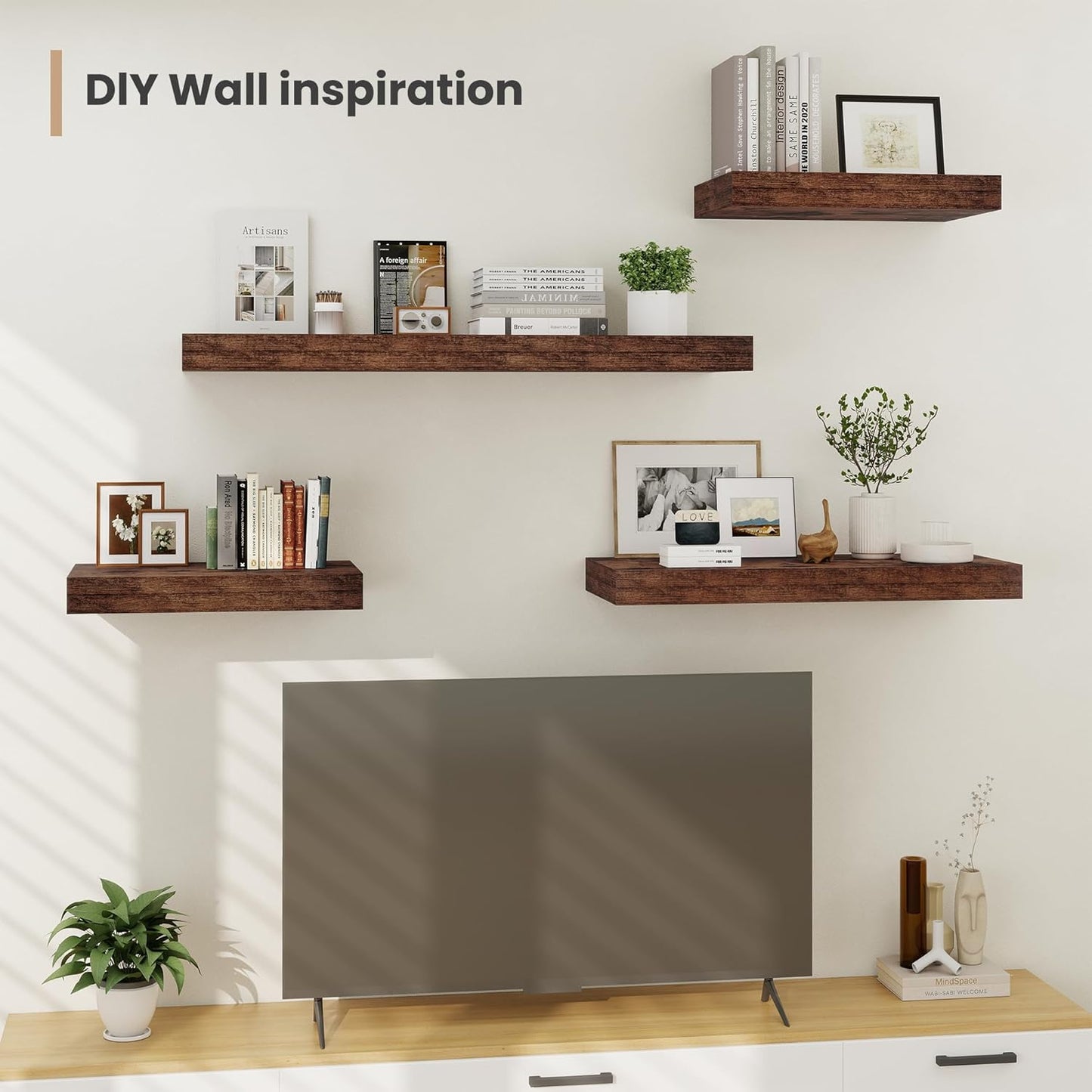 Heimlove 24 x 12 Inch Deep Floating Shelves Wall Mounted with Invisible Brackets,Storage Hanging Shelf for Wall Decor in Bathroom, Bedroom, Kitchen, Living Room, Office Set of 2 (Rustic Brown)