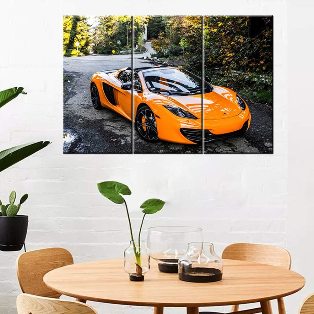 TUMOVO 3 Pieces Orange Sports Car Wall Art Picture Home Decoration Living Room Canvas Print Painting Wall Picture on Canvas with Frame Ready to Hang - 28 x 14inch x 3 Panel