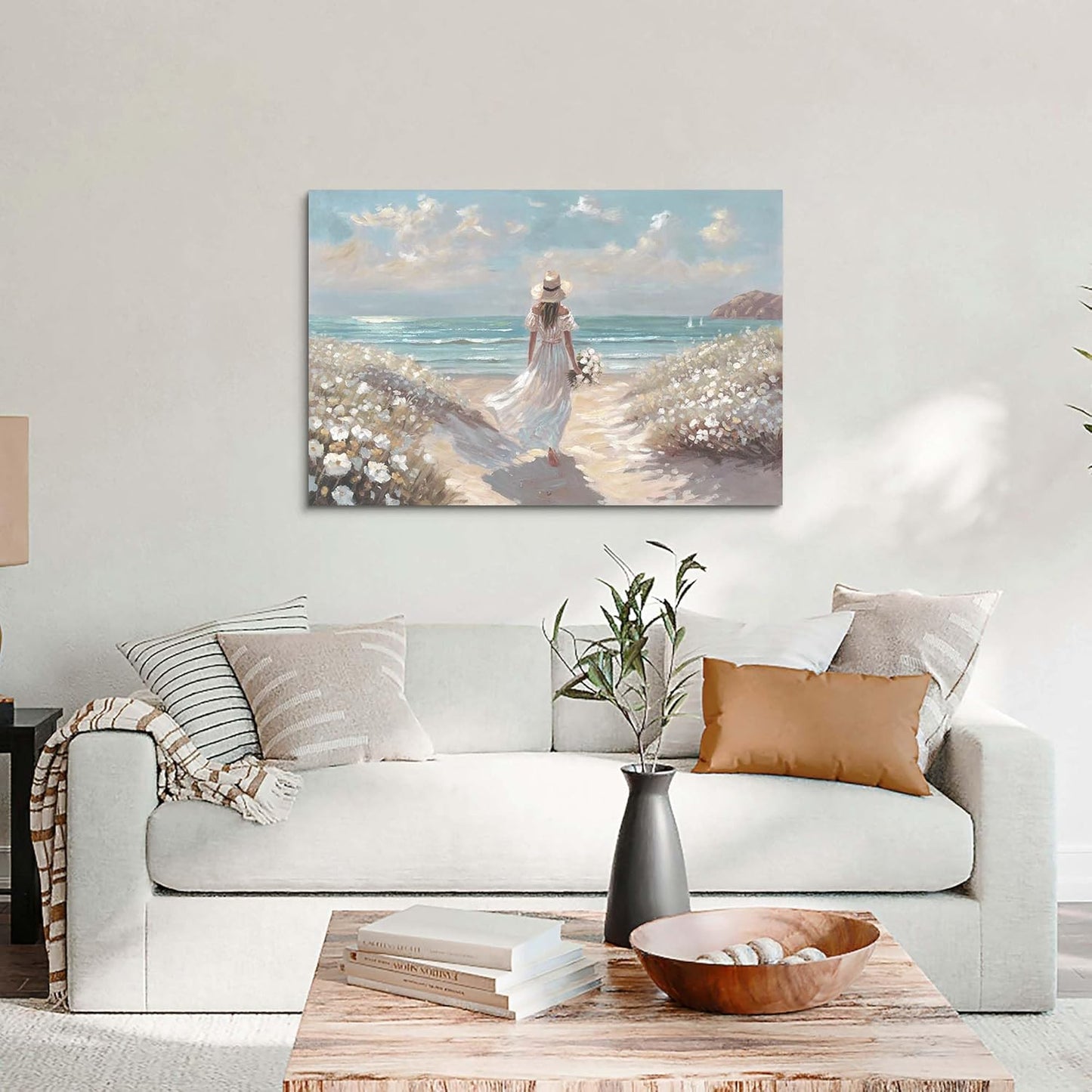 cozy country Beach Wall Art 36"x24" - Coastal Pictures Ocean Canvas Decor - Nautical Artwork Seascape Hand Painting for Girls Room, Sea House