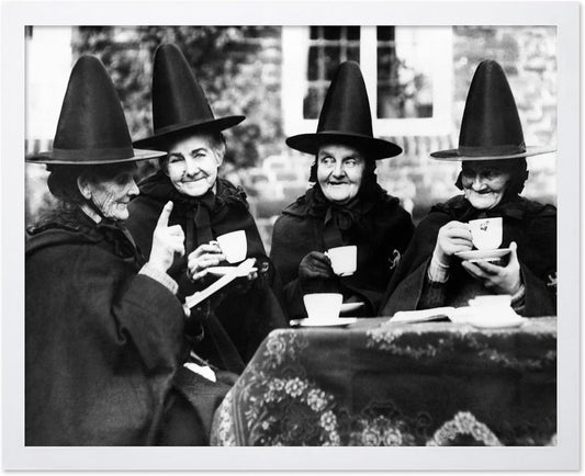 Poster Master Classic Photograph Poster - Vintage Halloween Print - Gift for Artist, Friend - Witches Tea Party, Old Women Smiling, Wearing Robes - Wall Decor for Living Room, 11x14 White Framed