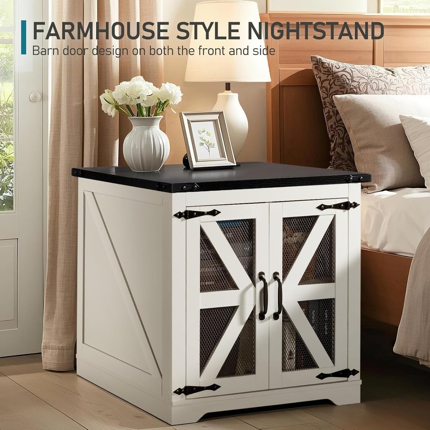 Farmhouse End Table Set of 2, 24" Large Sofa Side Table with Charging Station, Mesh Barn Door, White Nightstand with Adjustable Storage Shelf, Square Nightstand for Living Room, Bedroom