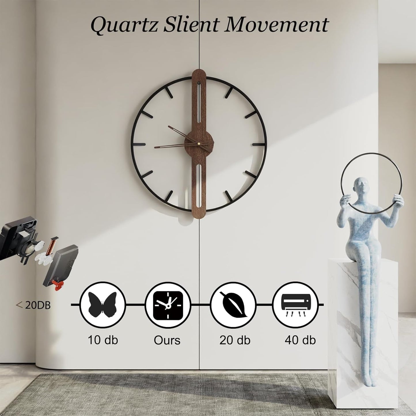 Modern Walnut Dial Wall Clock, Wood Large Wall Clock Decor Metal Frame Silent Non Ticking for Living Room, Bedroom, Kitchen, Study Decoration, Handmade Home Present Idea, 20 in （50 cm）