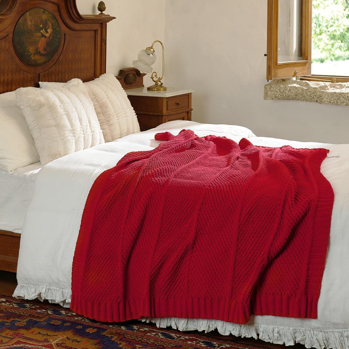 Amélie Home Chenille Knit Throw Blanket for Couch, Chevron Texture Decorative Soft Blanket for Sofa, Bed & Chair, 50"x60", Red