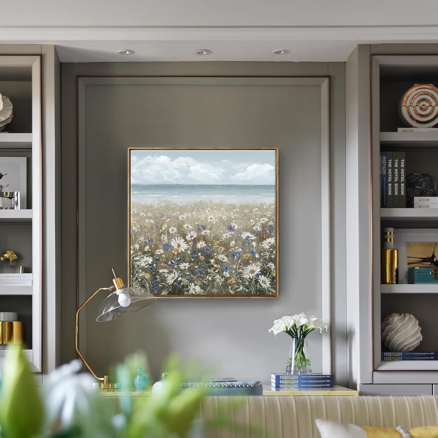 Framed Wall Art for Bedroom Decor Farmhouse Boho Beach Coastal Vintage Floral Ocean Wall Picture Daisy Flowers Sea Canvas Print Nautical Neutral Seascape Artwork for Home Living Room Bedroom Office