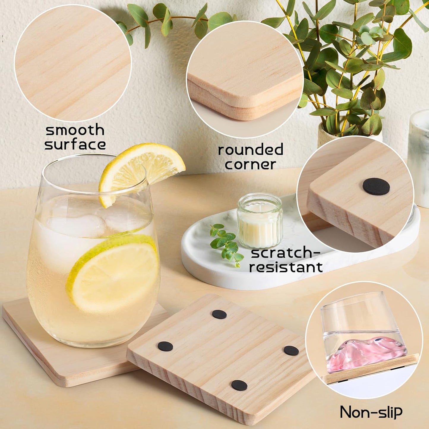 24 Pieces Unfinished Wood Coasters, GOH DODD 4 Inch Wooden Slices Blanks Bulk Set with Soft Foot Pads for Drinks Crafts Laser Engraving Wood Burning Staining Drawing Painting Decoupage Wedding, Square