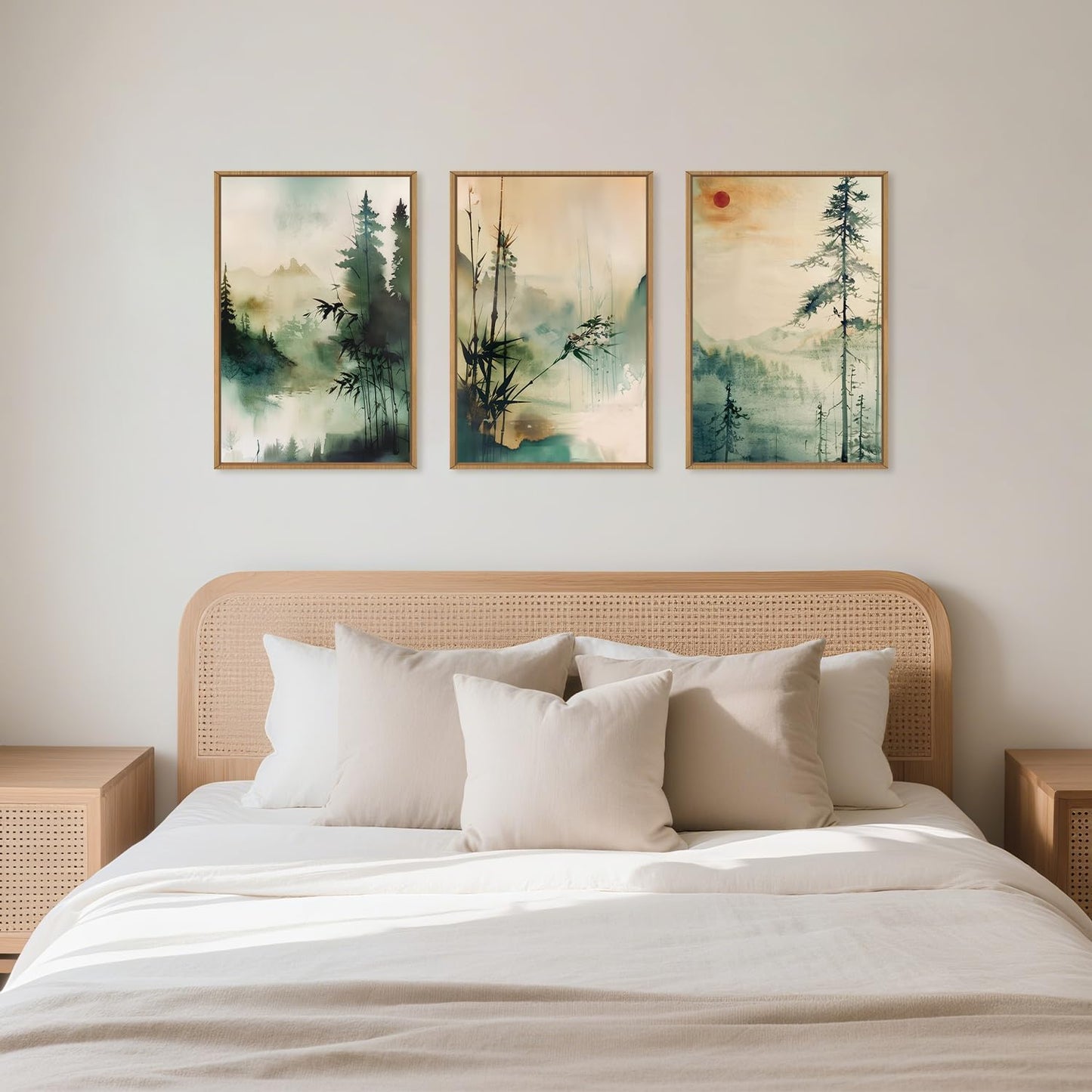 Chinoiserie Nature Framed Canvas Wall Art Set, Mountain and Forest Landscape Painting, Natural Bamboo Pine Tree Lakes Wall Decor for Living Room, Bedroom, Dining Room, Office - 16"x24"x3