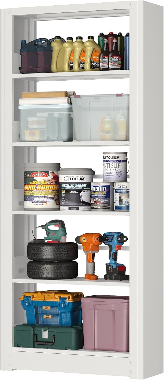 5-Tier Metal Bookshelf, 69" Tall Bookcase, Adjustable Bookshelves with Deep Display Shelves, Heavy Duty Book Shelf, Open Book Cases for Living Room, Home, Office, Library, Garage (White)