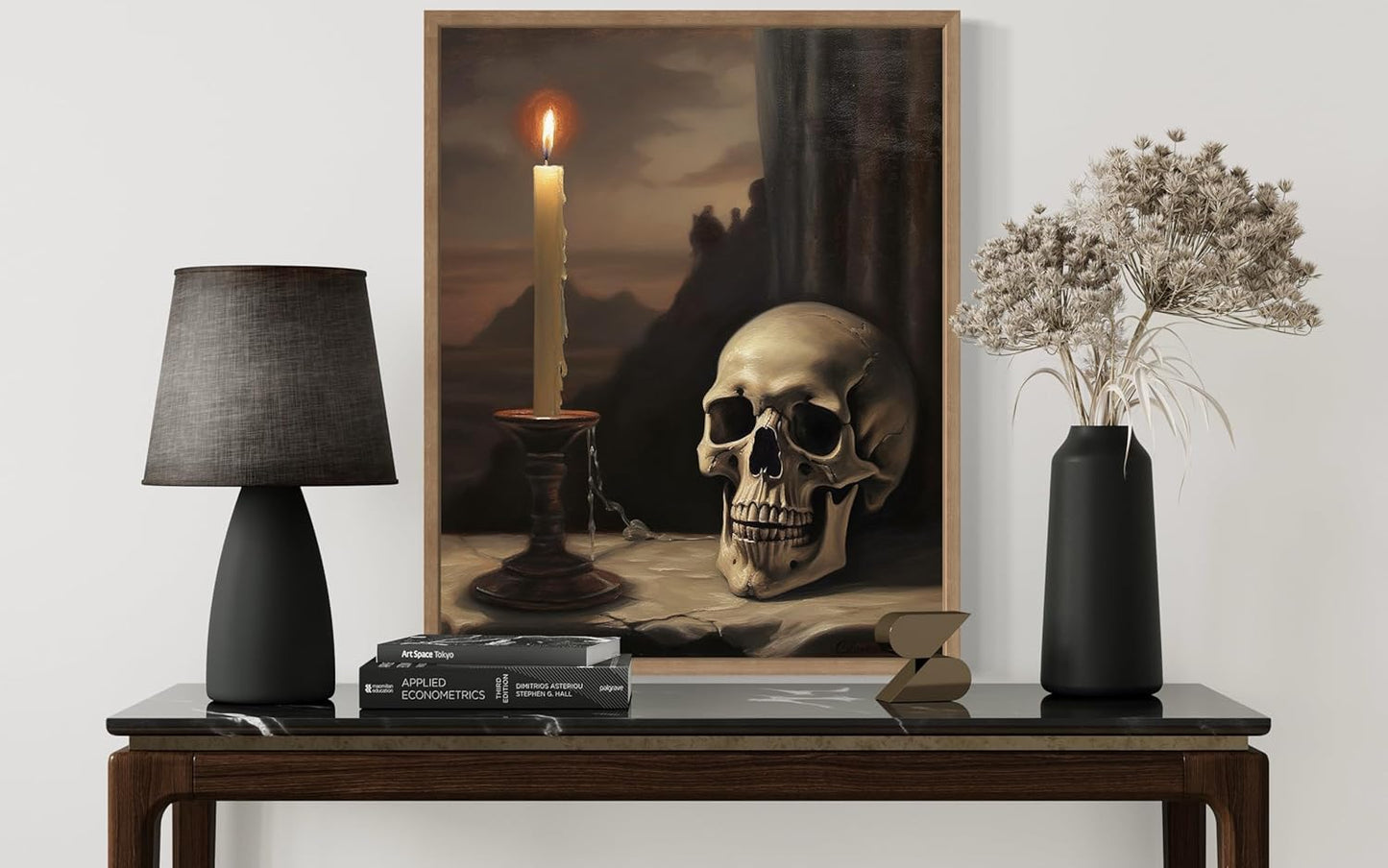 Skull and Candle Poster Art Print, Halloween Scary Vintage Wall Art Academia Spooky Painting Decoration for Horror Prints, Gothic Posters Bedroom Decor 89 (Skull and Candle, 8 x 10 inches, Wood Frame)