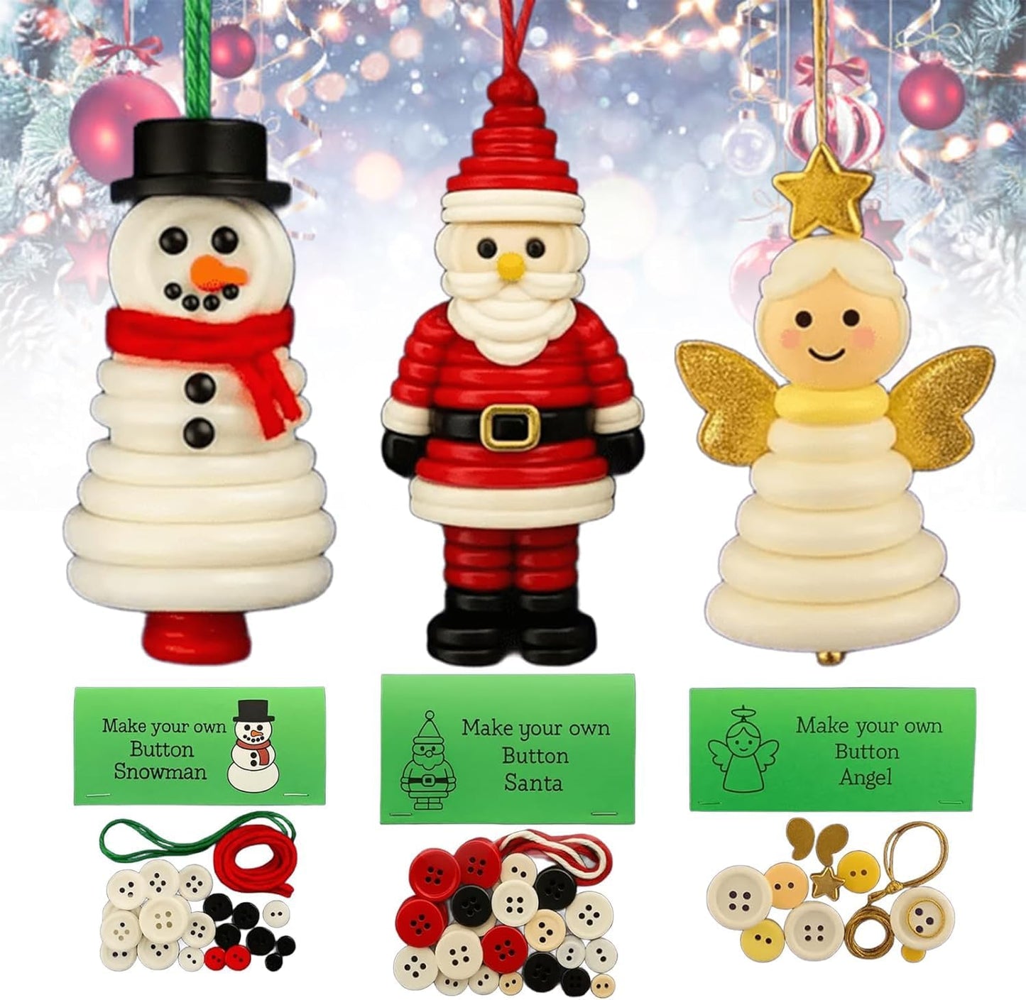DIY Christmas Button Ornament Making Set–Fun Holiday Handmade Decorations for All Ages,DIY Craft Buttons Kit with Christmas Snowman/Santa/Angel,Xmas Tree Hanging Decorations (Mix-3pcs)