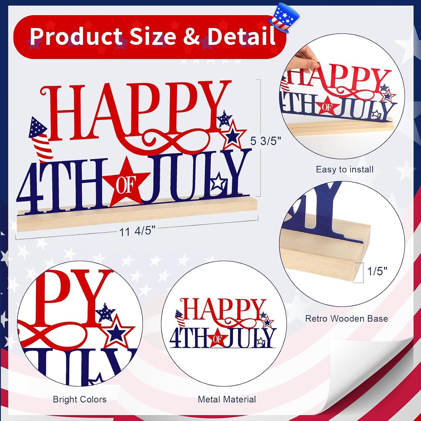 COCHIE Metal Happy 4th of July Sign, Red Blue and White Decorations for Home, Office, Shelf, Mantel, Indoor, Fouth of July Decoration, Patriotic Star Decor (Independence Day)