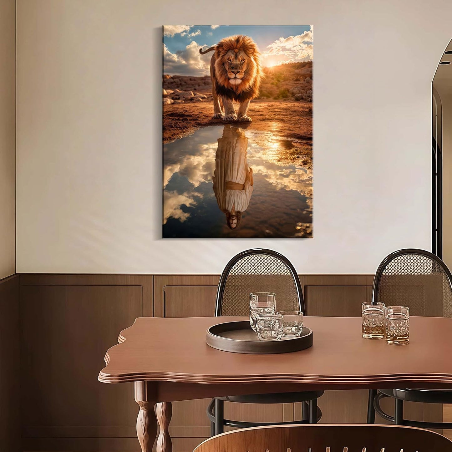 Framed Canvas Wall Painting Lion and Jesus Reflection Religious Poster Inspirational Faith Gallery Picture Print for Living Room and Bedroom Decor 16x24 Inch Ready to Hang
