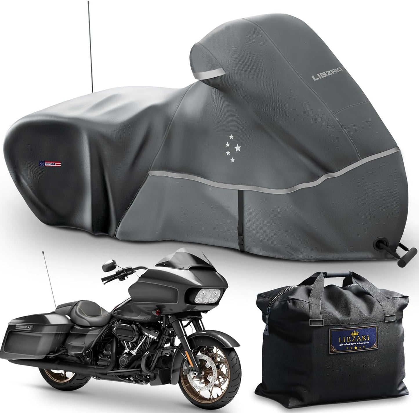 Motorcycle Cover LI LIBZAKI 600D Heavy Duty Storage for Touring Models Harley Davidson Road King,Road Glide,Street Glide, Electra Glide,Heritage Classic,Low Rider-ST,and Most Motorcycles/Gray