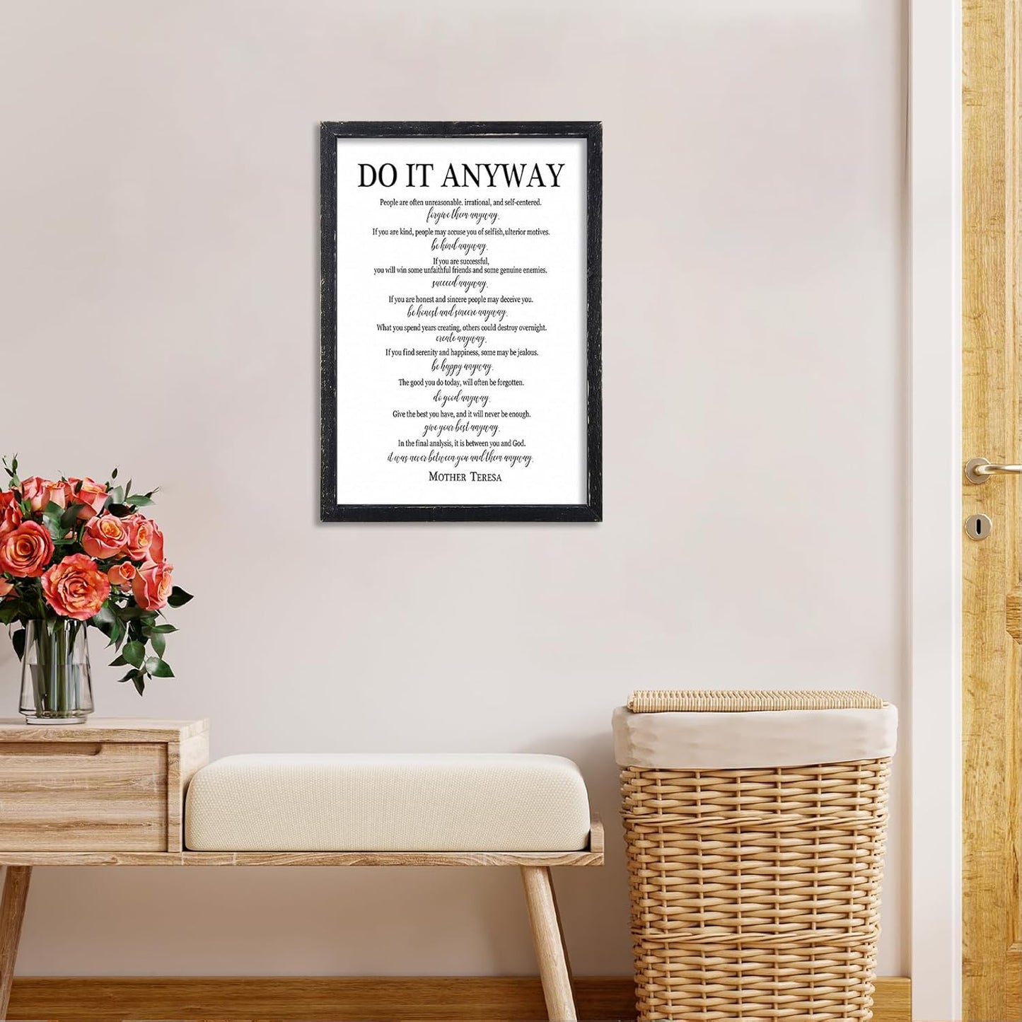 Do It Anyway Mother Teresa Wall Art Decor 16x11 Inch Wooden Framed Wall Hanging Sign (Black)