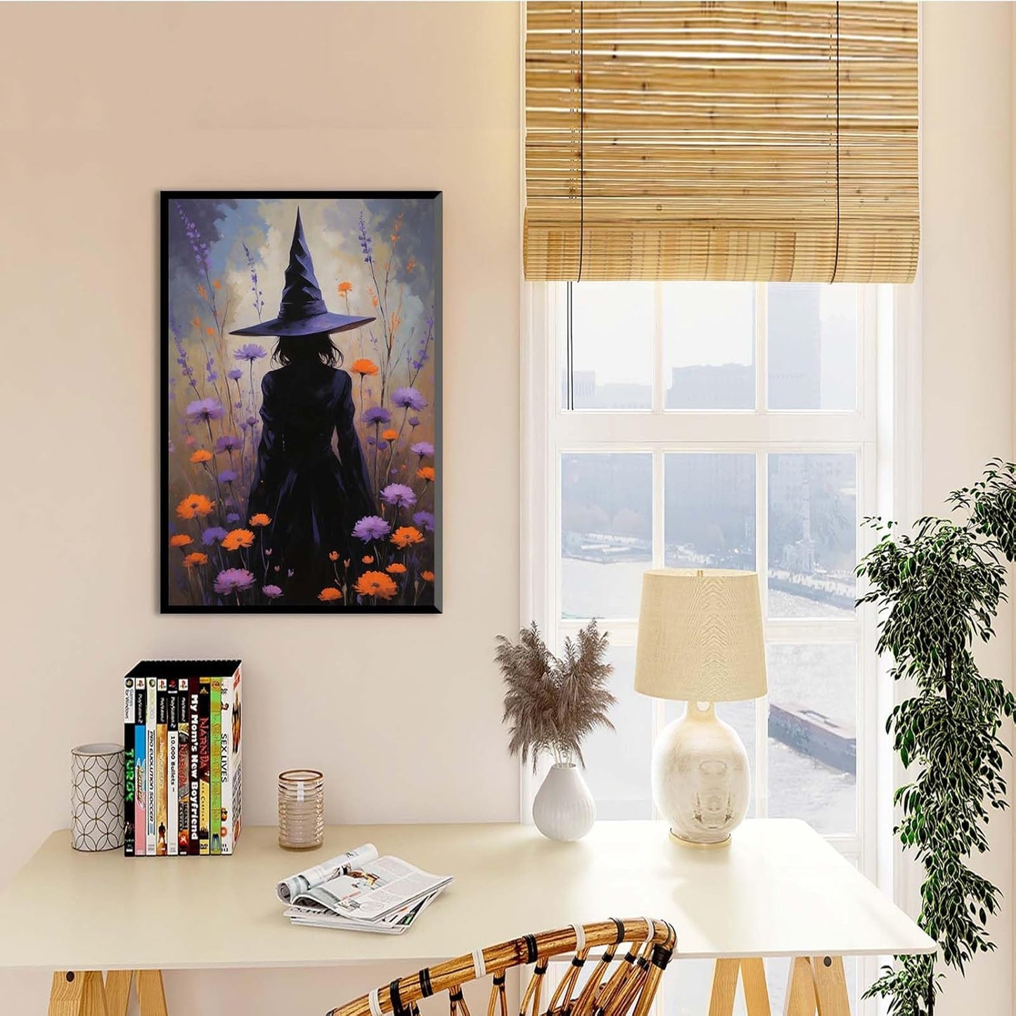 JFHCQJPK Country wildflower witch canvas print halloween mashup art witch purple decoration bohemian elegant art poster16x24in Metal blackFramed