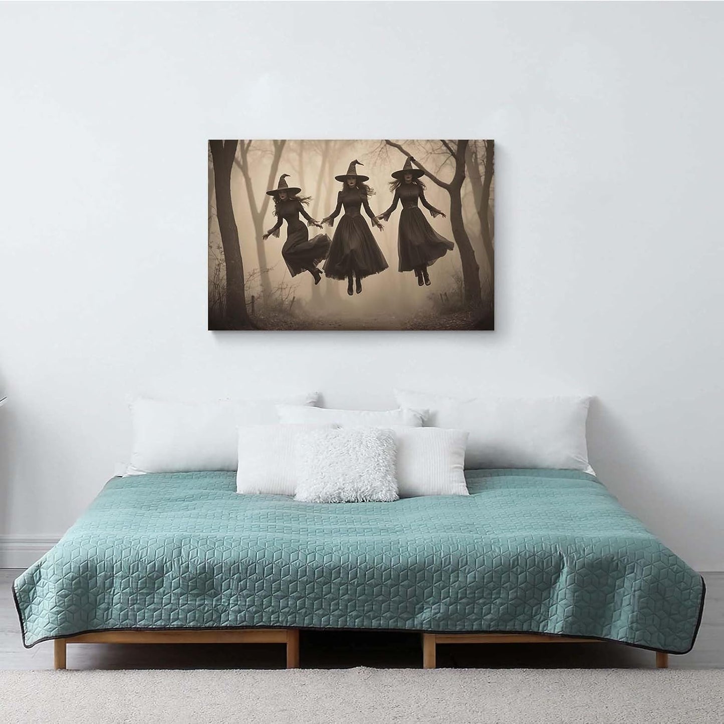 JFHCQJPK Three ghost witches flying in vintage forest gothic wall art witchcraft decoration holiday gift canvas wall art print24x36in Frameless