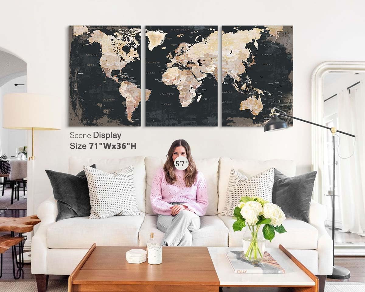 Elixart Wall Decor Living Room Canvas Wall Art Framed Black Kitchen Pictures Office Decorations For Work Vintage Home Decor Map Artwork Painting Oversize Large