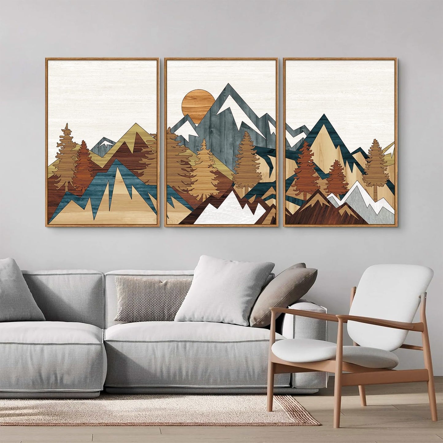 SIGNINART Vintage Mountain Framed Canvas Wall Art Set, Boho Sunrise Art Prints, Forest Nature Wilderness Art Paintings, Modern Farmhouse Woodcut Style Wall Decor for Living Room Bedroom, Office 16"x24"x3