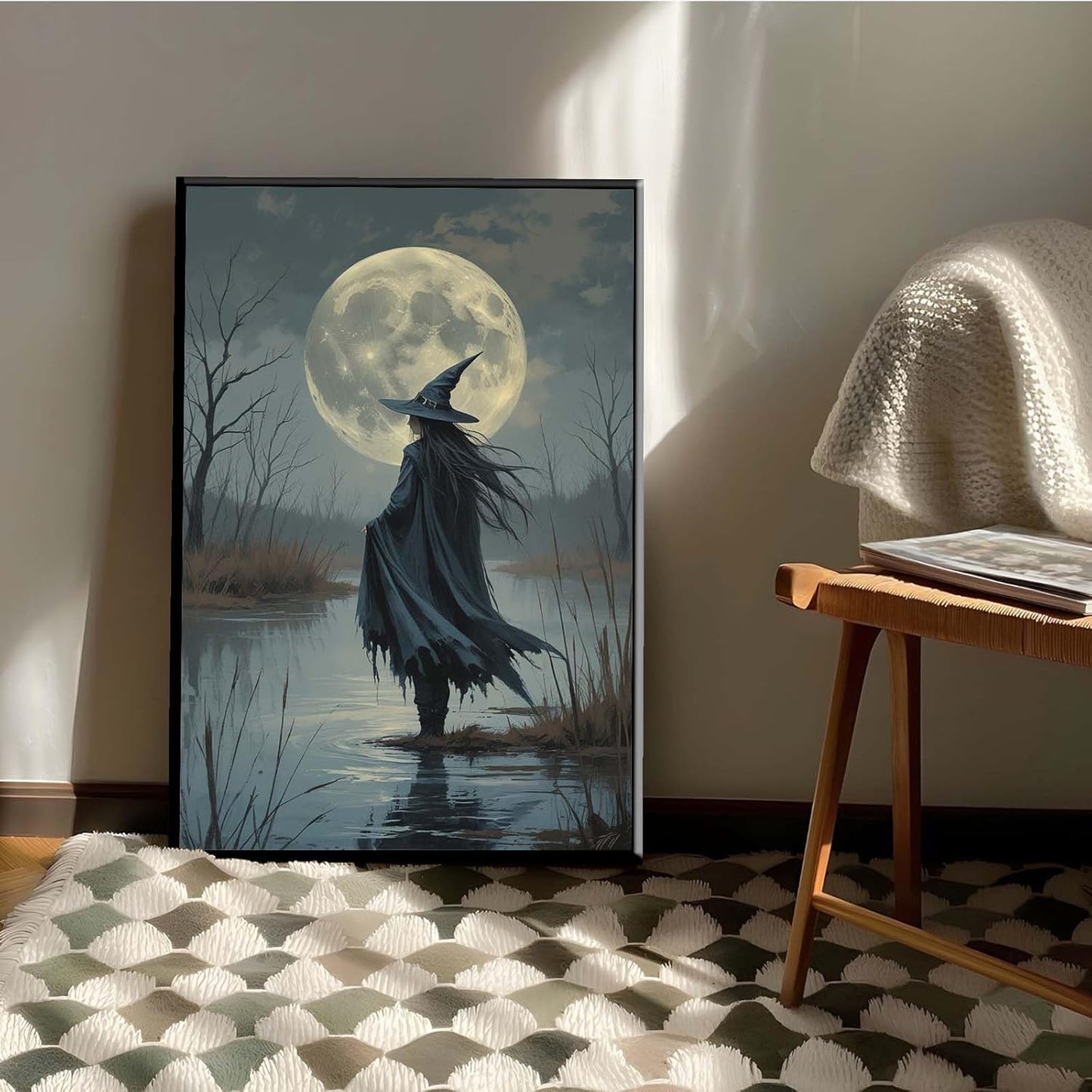 JFHCQJPK Witch in the moonlight magic canvas wall art enchanting Halloween home decor swamp witch silhouette oil painting mysterious gothic aesthetic wall decor print poster16x24in Metal blackFramed