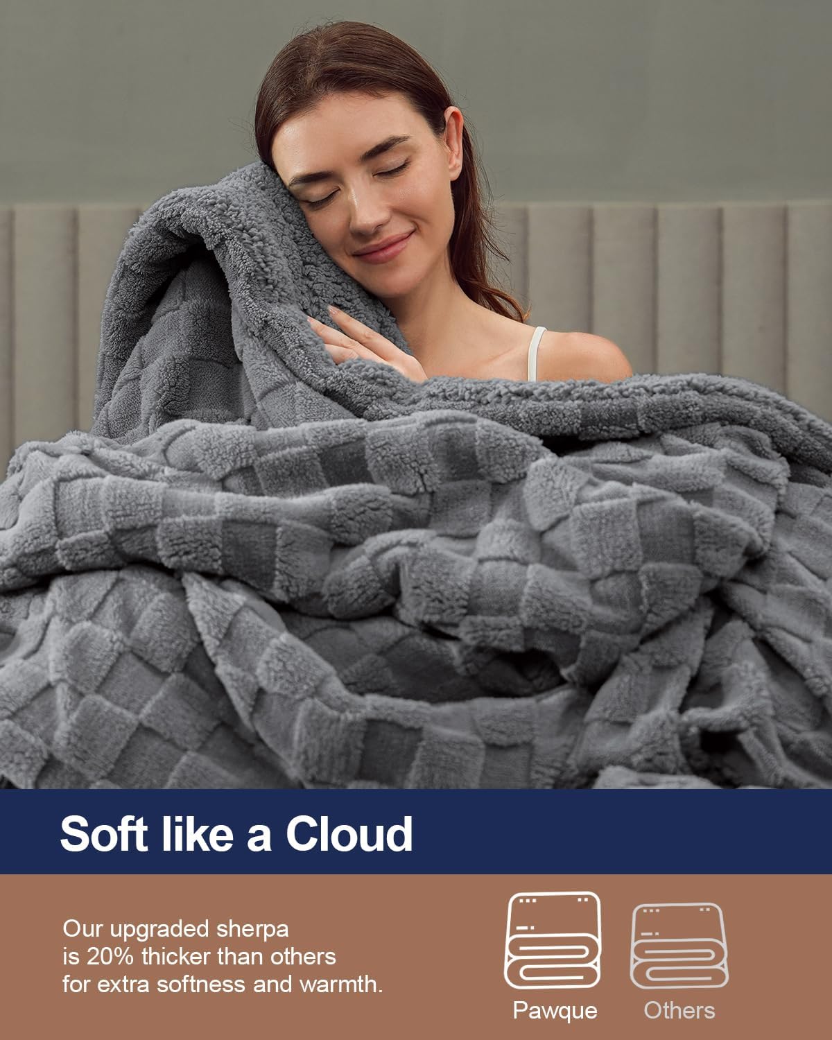Pawque Super Soft Cozy Throw Blanket Twin Size for Couch Bed, Fluffy Sherpa Fleece Reversible Thick Warm Fuzzy Blanket for All-Season, 3D Checkered Jacquard Decorative Blankets, Grey, 60" x 80"