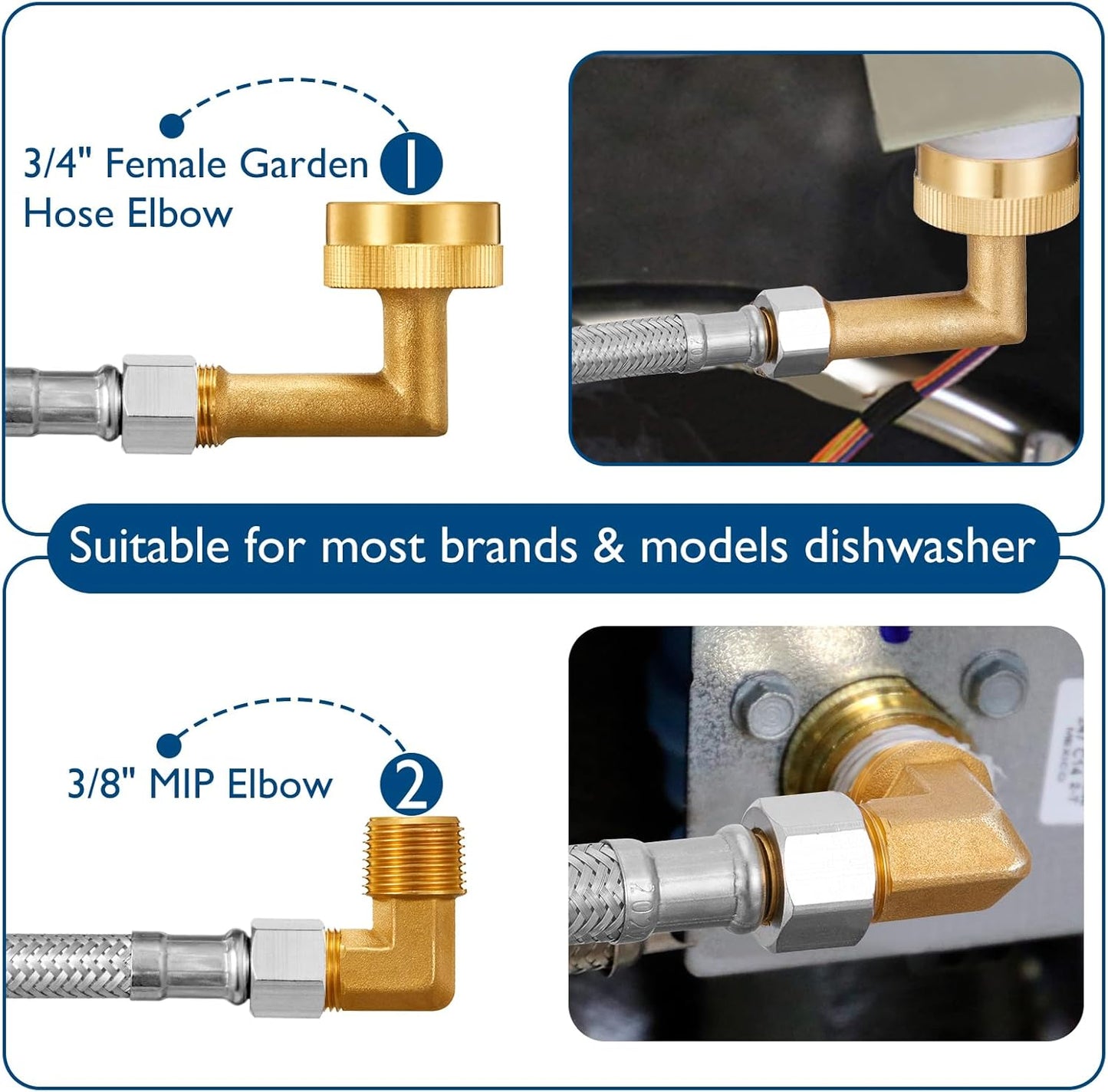 Dishwasher Installation Kit - 8 FT Stainless Steel Braided Dishwasher Hose kit,Food Grade PEX Inner Tube Water Line with 3/8"x 3/8"x 3/8" Tee Stop Valve,3/8"x 3/8"MIP Elbow,3/8"x 3/4"FHT Elbow