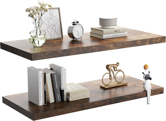 Wall Shelf Set of 2, Rustic Brown Floating Shelves 30 in W x 10 in D x 1 in H, Wooden Floating Wall Shelf with Invisible Brackets for Living Room/Bedroom/Bathroom/Kitchen Storage and Decor