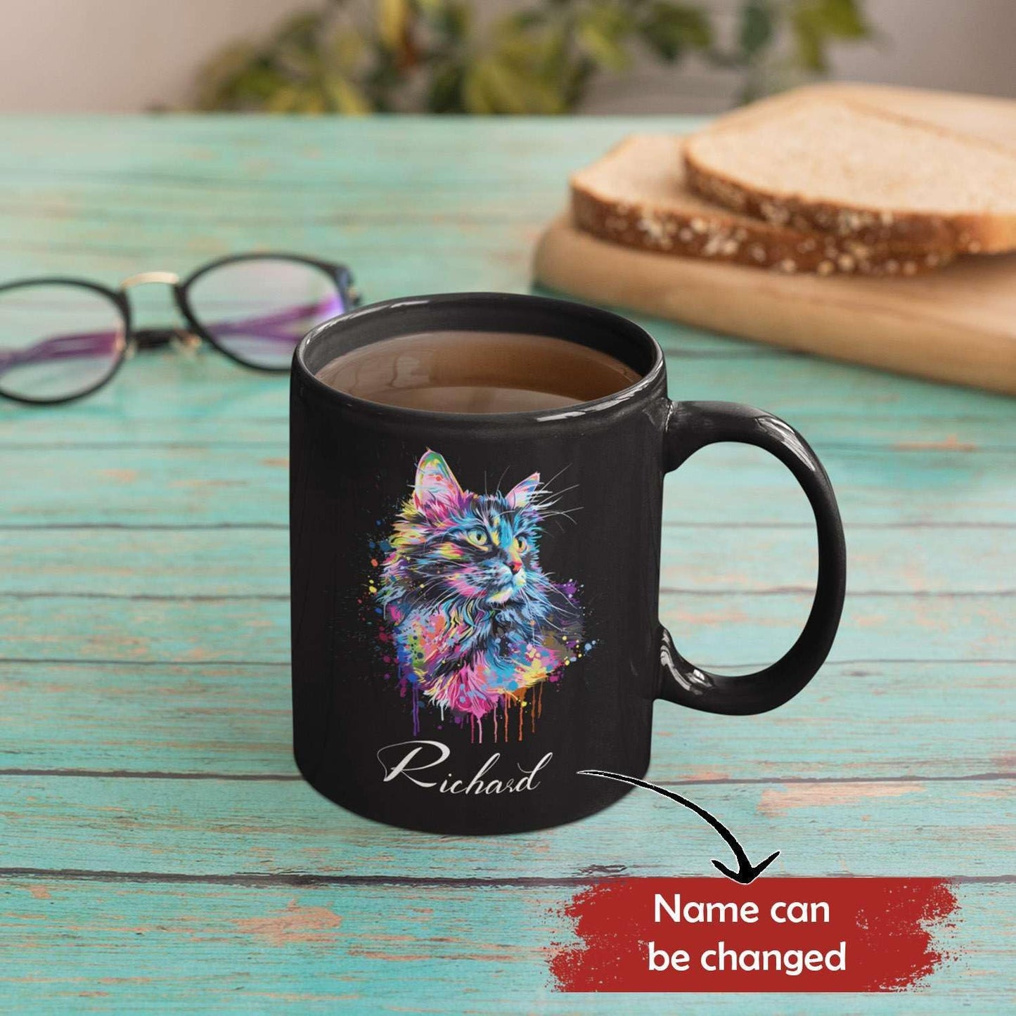 Customized Cat Ceramic Mug, Gift For Cat Pet Owner, Personalized Cat Lover Coffee Cup, Colorful Cat Design Mug For Birthday, Custom Name Cat Animal Black Cup, Unique Cat Mug 11oz 15oz