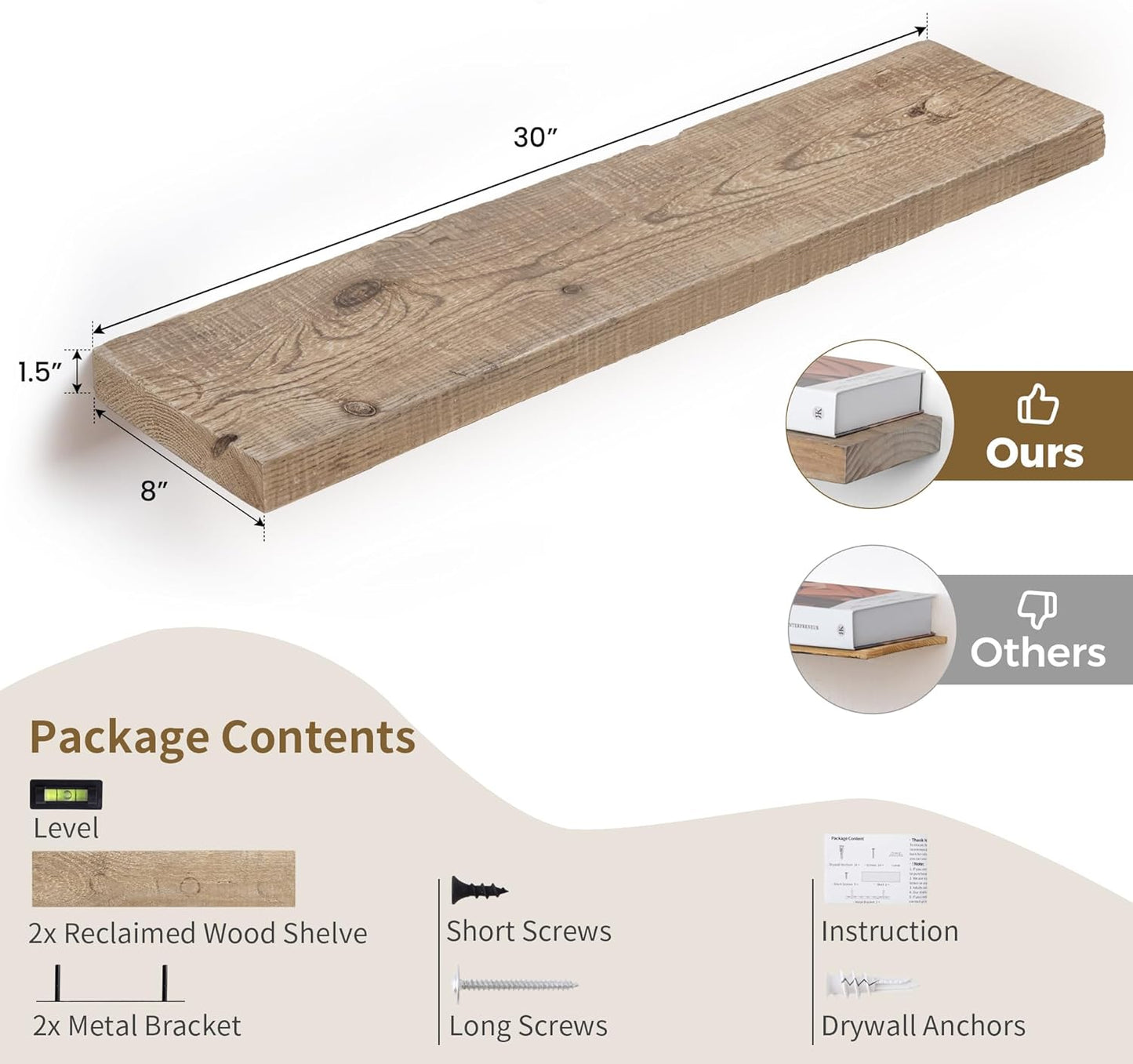 Floating Shelves, 8 Inch Deep Rustic Solid Reclaimed Wood Wall Shelves for Storage, Wall Mounted Display Shelving with Invisible Heavy-Duty Metal Bracket, 30 Inch Width Set of 2, Natural