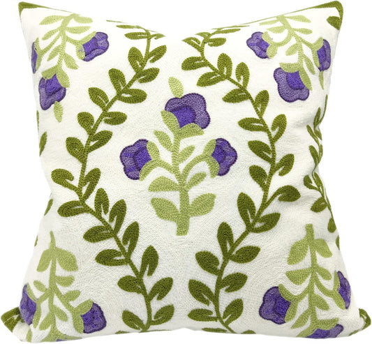 Alysheer Floral Embroidered Spring Decorative Throw Pillow Cover 18"x 18", Farmhouse Cottage Purple Flowers Green Leaves Knit Pattern Cotton Canvas Cushion Case for Sofa Couch Bed Living Room Decor
