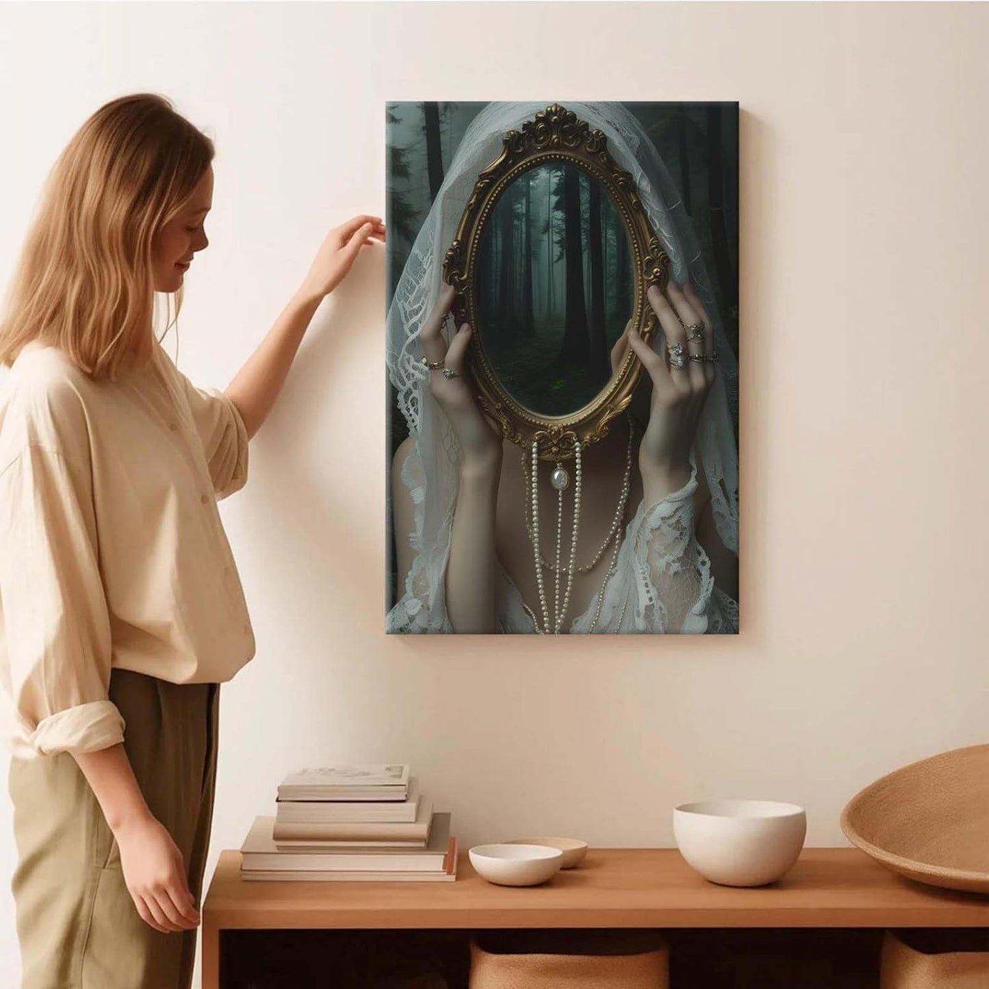 Mirror face covering dark art poster print melancholy gothic painting vintage feminine print victorian style decoration antique art20x30in Wood Framed