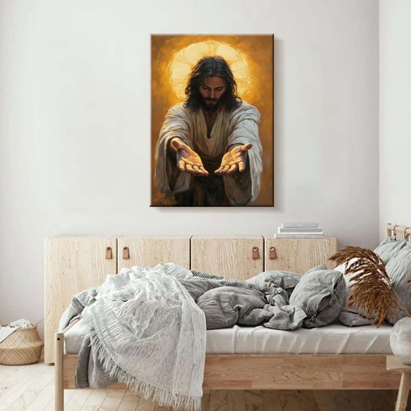 Framed Jesus Canvas Wall Art Painting with Gold Halo Christian Religious Poster Inspirational Christian Gallery Decor Painting Home Church Prayer Room Wall Hanging Print 12x16 Inch Ready to Hang