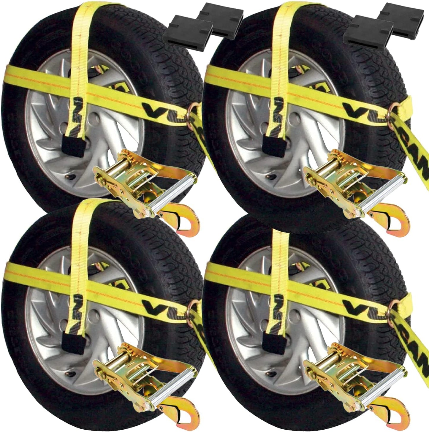 VULCAN Car Tie Down Kit - Adjustable Loop - Snap Hooks - Classic Yellow - Complete Kit Includes 4 Straps and 4 Ratchets