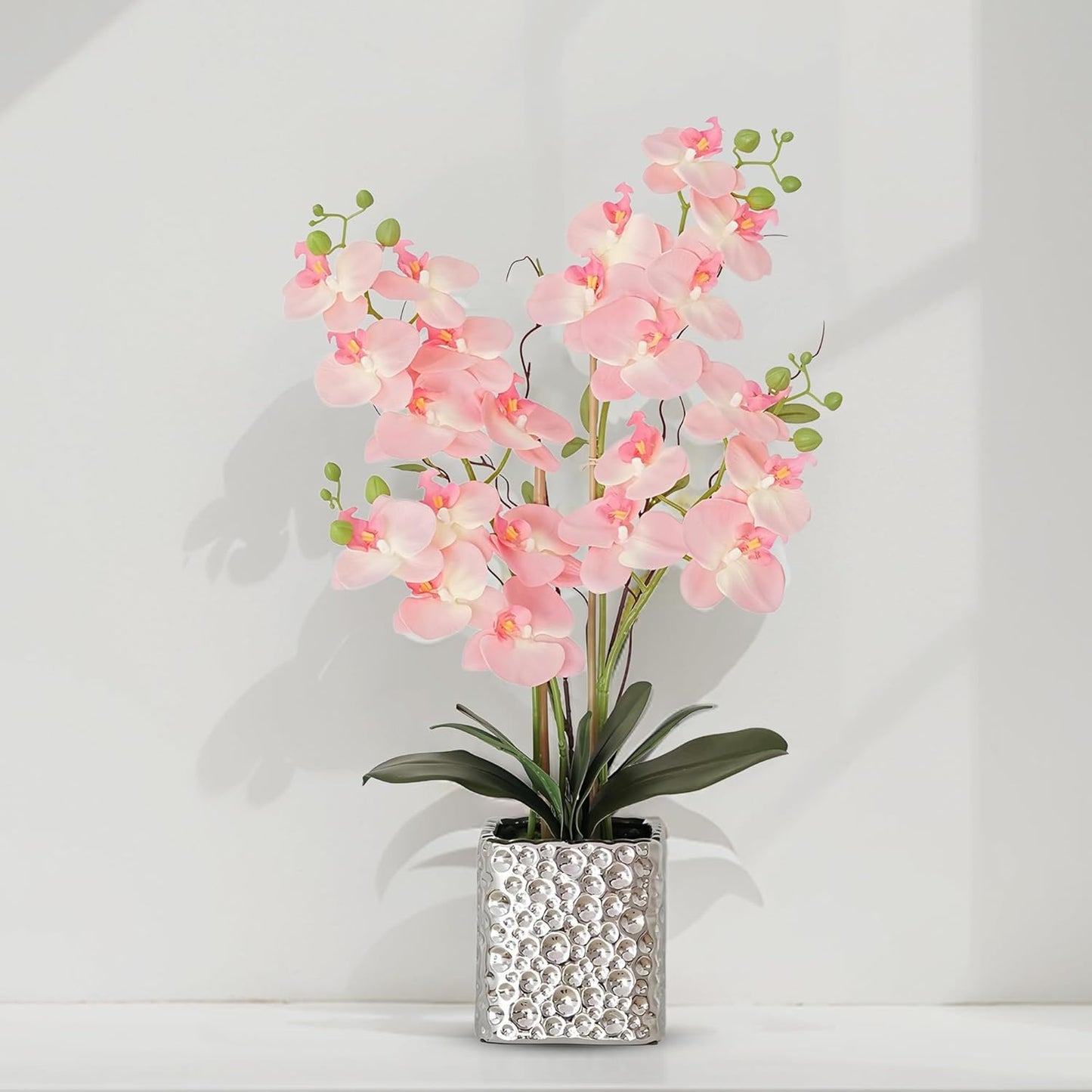 Orchid Artificial Flowers with Sliver Vase Large Silk Faux Phalaenopsis Flowers for Dining Room Table Floral Centerpieces Indoor Decoration,Pink