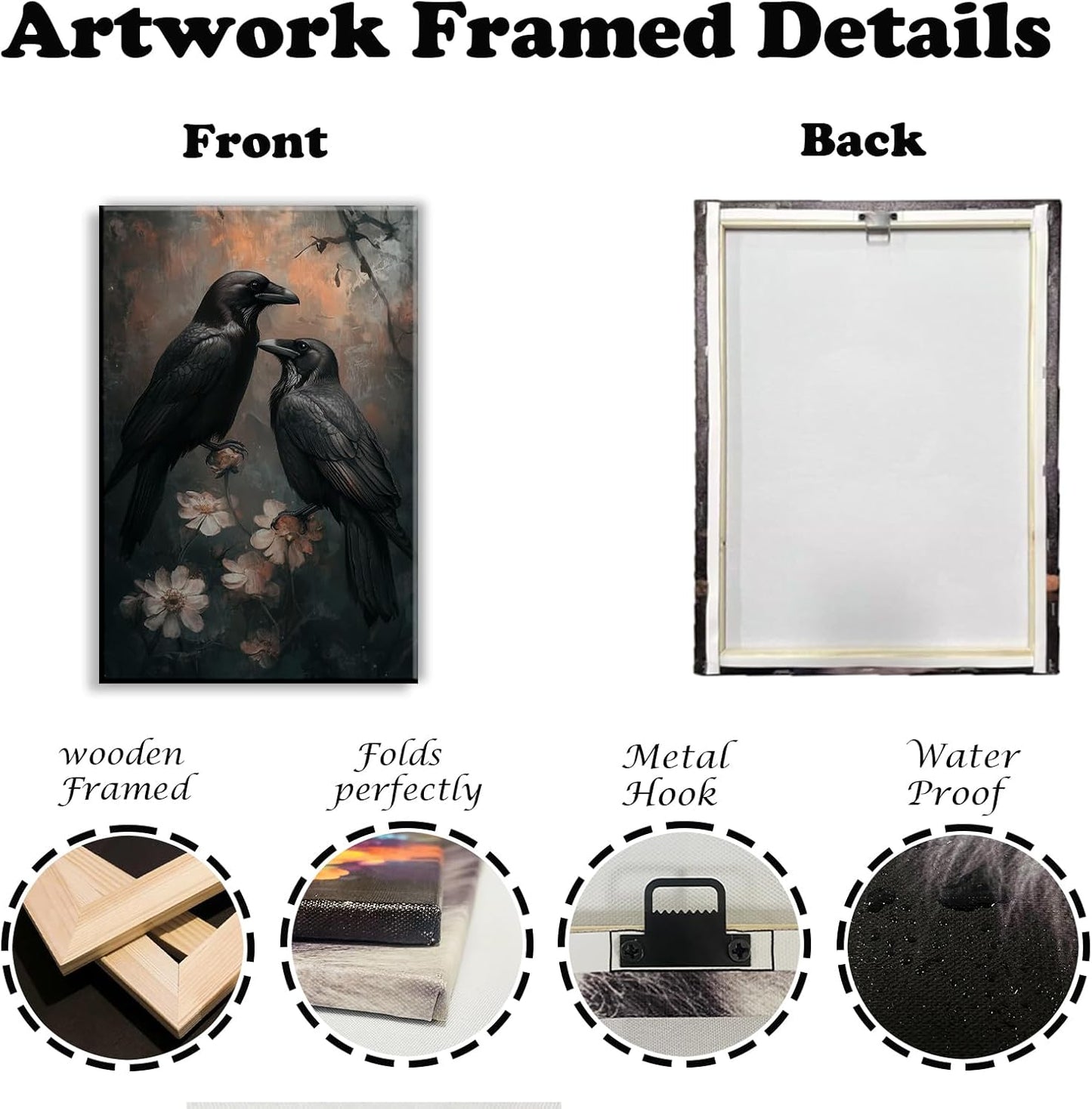 OAAPITI Birds Canvas Wall Art Black Couple Crow Picture Print Vintage Gothic Raven Artwork for Living Room Halloween Home Wall Decor(Artwork-7,24"x36")