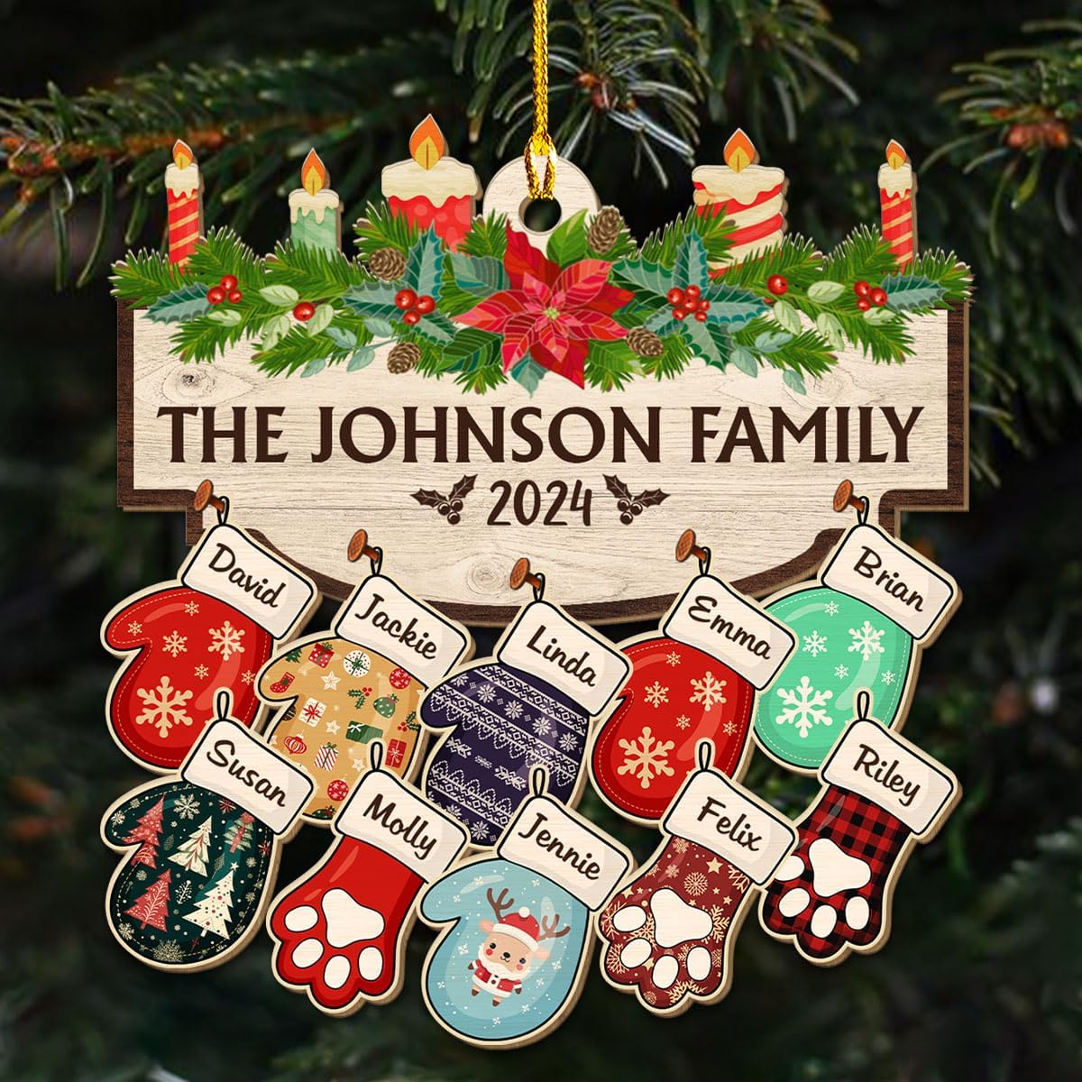 Family with Pet Ver 2 - Personalized Custom Wood Ornament, Family Gloves Christmas Ornament 2024, Xmas Ornament Gifts for Family Tree Decoration (A06, 9 Names)